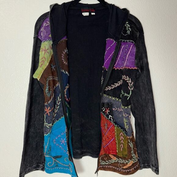 Rising Tide Patchwork Embroidered Zip Up Jacket Large Gray Multicolor Boho - Picture 11 of 16